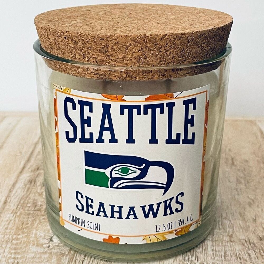 NWT NFL Seattle Seahawks Cork Lid 2 Wick ￼ Delicious pumpkin scent 12.5Oz Candle